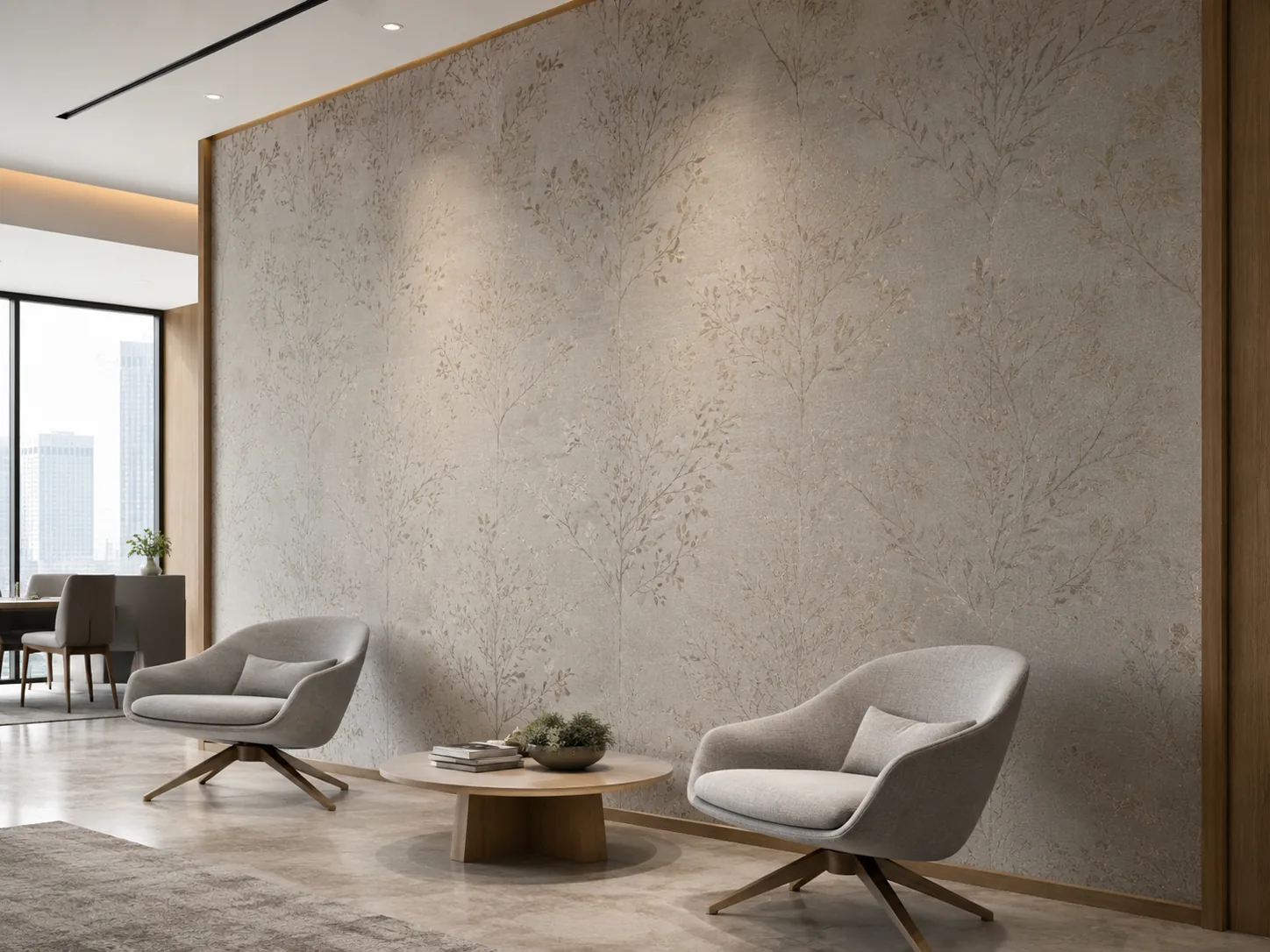 Patterned wallpaper applied to a contemporary interior feature wall