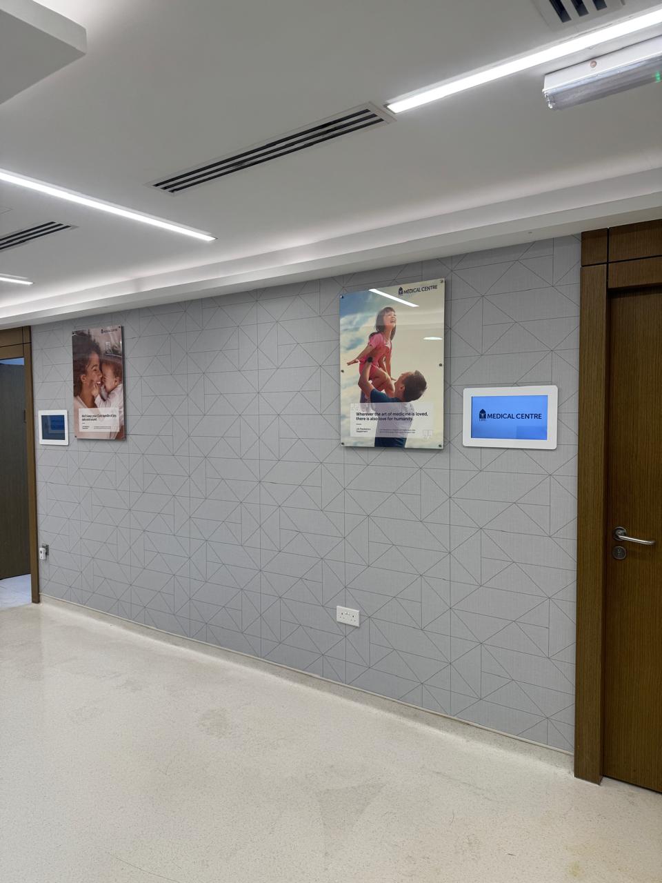 Patterned wallpaper installed in a medical center interior